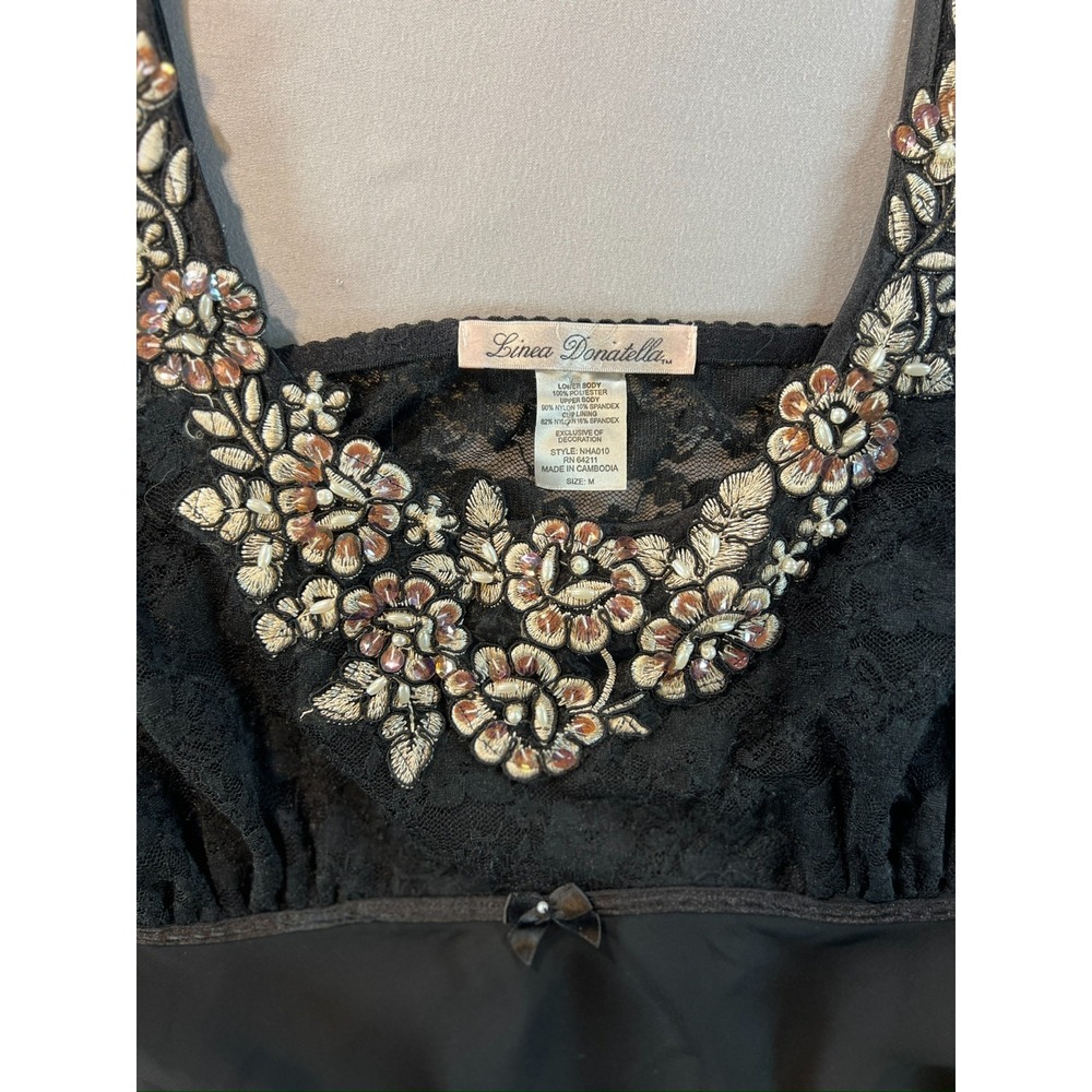 Linea Donatella Black Lace Sheer Chemise Lingerie M Beaded‎ Floral Appliqué - Picture 6 of 9
